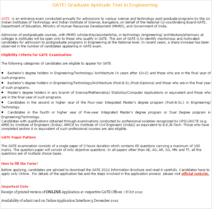 Text Box: GATE: Graduate Aptitude Test in Engineering&nbsp;GATE &nbsp;is an entrance exam conducted annually for admissions to various science and technology post-graduate programs by the six Indian Institutes of Technology and Indian Institute of Science, Bangalore, on behalf of the National Co-coordinating Board-GATE, Department of Education, Ministry of Human Resources Development (MHRD), and Government of India.Admission of postgraduate courses, with&nbsp;MHRD&nbsp;scholarship/assistantship, in technology /engineering/ architecture/pharmacy at colleges & institutes will be open only to those who qualify in&nbsp;GATE. The aim of&nbsp;GATE&nbsp;is to identify meritorious and motivated candidates for admission to postgraduate programs in Engineering at the National level. In recent years, a sharp increase has been observed in the number of candidates appearing in&nbsp;GATE&nbsp;exam.Eligibility Criteria for&nbsp;GATE&nbsp;Examination:The following categories of candidates are eligible to appear for&nbsp;GATE Bachelor's degree holders in Engineering/Technology/ Architecture (4 years after 10+2) and those who are in the final year of such programs.Bachelor's degree holders in Engineering/Technology/Architecture (Post-B.Sc./Post-Diploma) and those who are in the final year of such programs.Master's degree holders in any branch of Science/Mathematics/ Statistics/Computer Applications or equivalent and those who are in the final year of such programs.Candidates in the second or higher year of the Four-year Integrated Master's degree program (Post-B.Sc.) in Engineering/Technology.Candidates in the fourth or higher year of Five-year Integrated Master's degree program or Dual Degree program in Engineering/Technology.Candidates with qualifications obtained through examinations conducted by professional societies recognized by UPSC/AICTE (e.g. AMIE by Institute of Engineers (India); AMICE by Institute of Civil Engineers (India)) as equivalent to B.E./B.Tech. Those who have completed section A or equivalent of such professional courses are also eligible.GATE&nbsp;Paper PatternThe&nbsp;GATE&nbsp;examination consists of a single paper of 3 hours duration which contains 65 questions carrying a maximum of 100 marks. The question paper will consist of only objective questions. In all papers other than AE, AG, AR, GG, MN and TF, all the questions are of multiple choice types.How to fill the Form?Before applying, candidates are advised to download the&nbsp;GATE&nbsp;2012 Information Brochure and read it carefully. Candidates have to apply only Online.&nbsp; For details of the application fee and the steps involved in the application process&nbsp; please visit&nbsp;official website.Important Date Receipt of printed version of ONLINE Application at&nbsp;&nbsp;respective GATE Offices  : 8 Oct 2012Availability of admit card on Online Application Interface: 5 December 2012